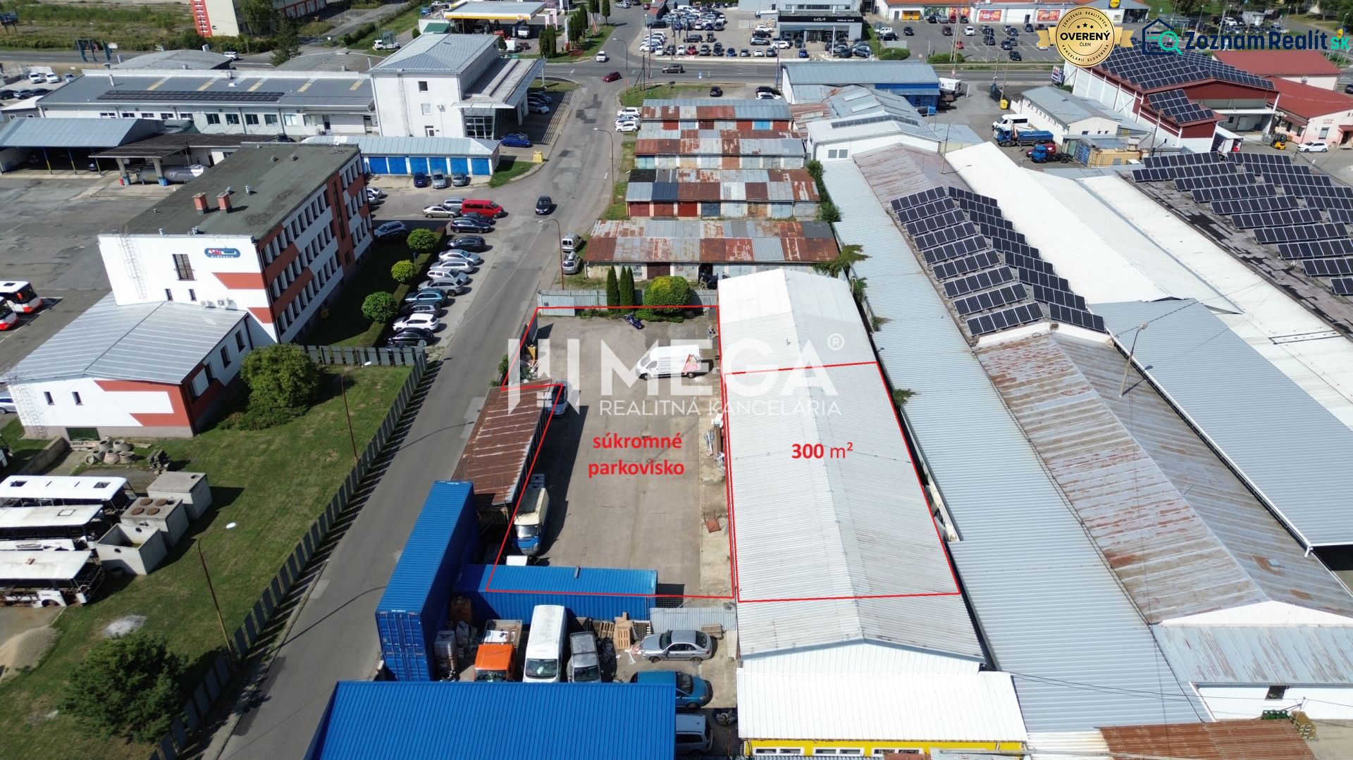 An aerial view of warehouses and halls on Fidlikova Street in Humenné.