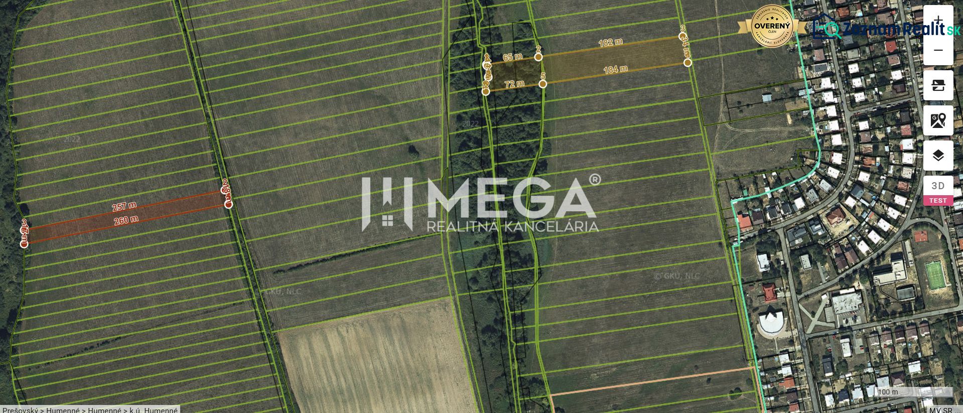Aerial view of agricultural and forest lands in Humenné, showing parcel lines and surroundings.