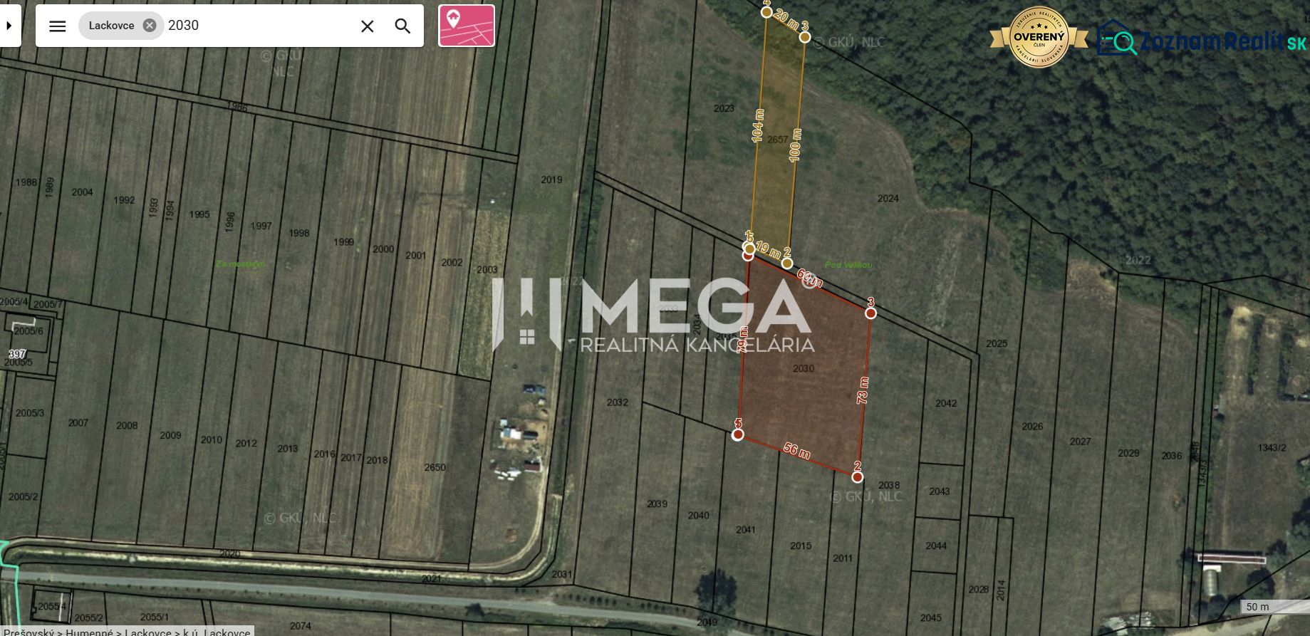 Aerial view of agricultural and forest land in Lackovce with marked parcels.