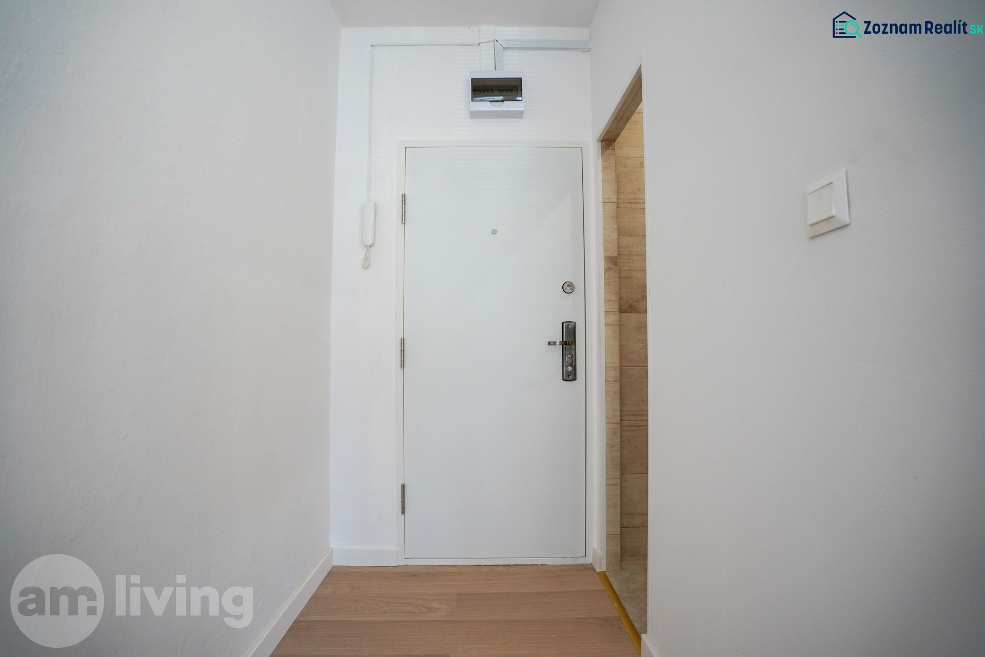 A white entrance with a wood-patterned floor in a studio apartment.