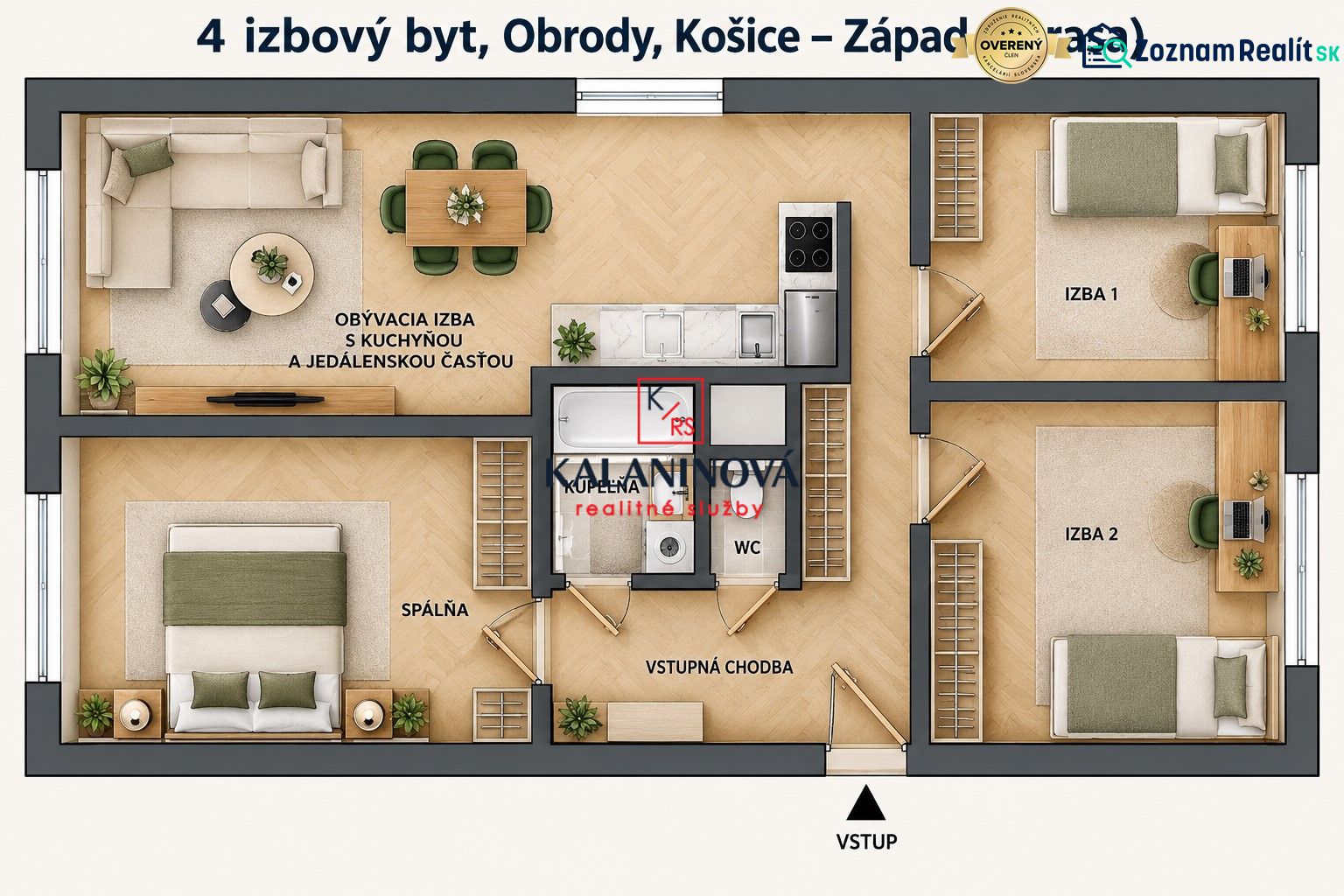 The floor plan of a 4-room apartment with a wooden decor floor includes rooms and a kitchen.