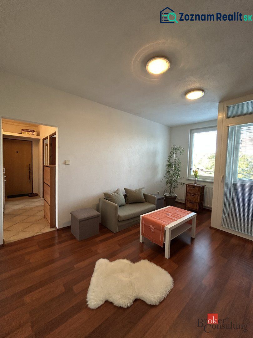 Living room in a two-room apartment with a wooden decor floor and a sofa.