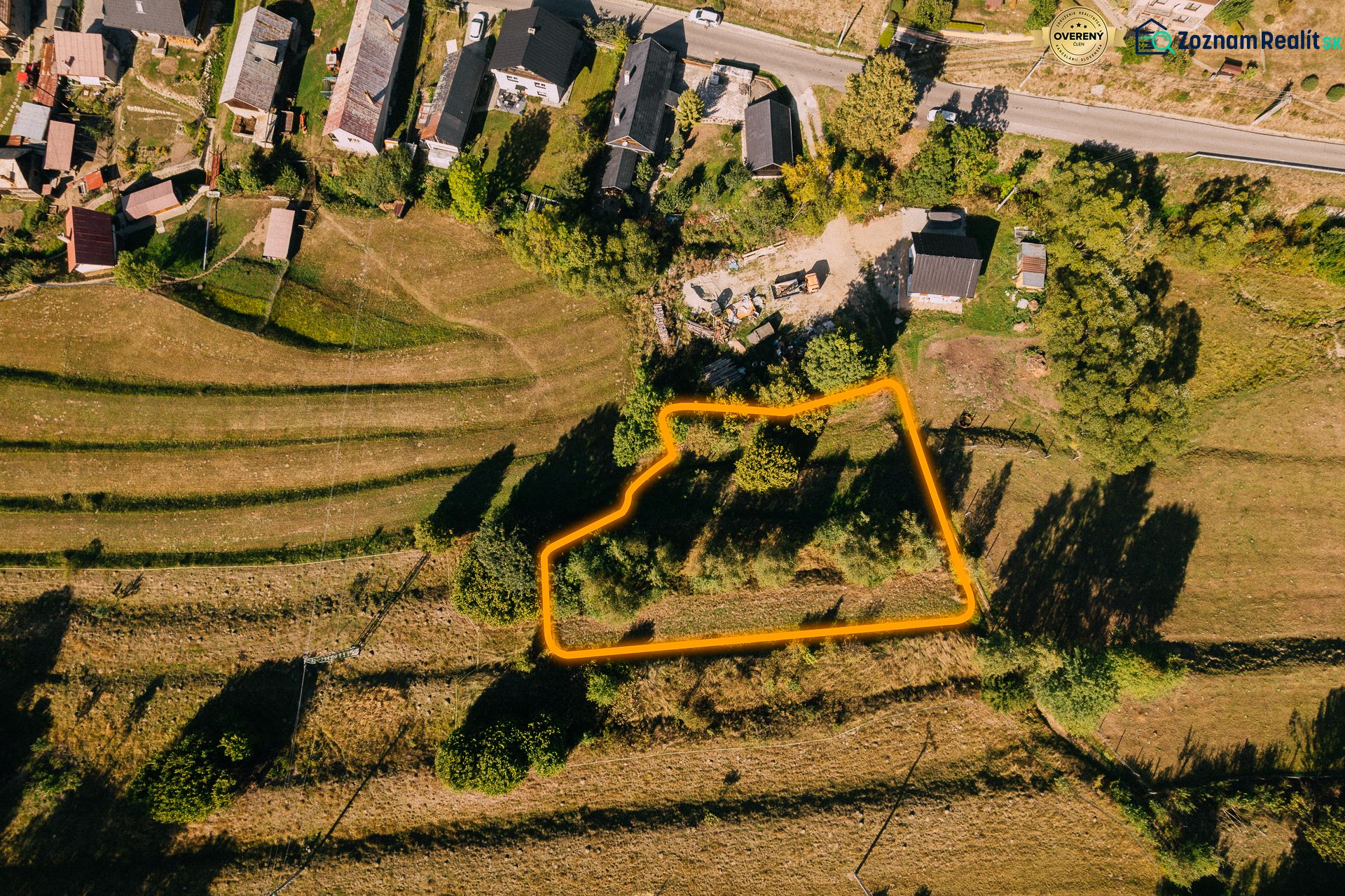 Aerial view of recreational plots on Školská Street in Čierny Balog.