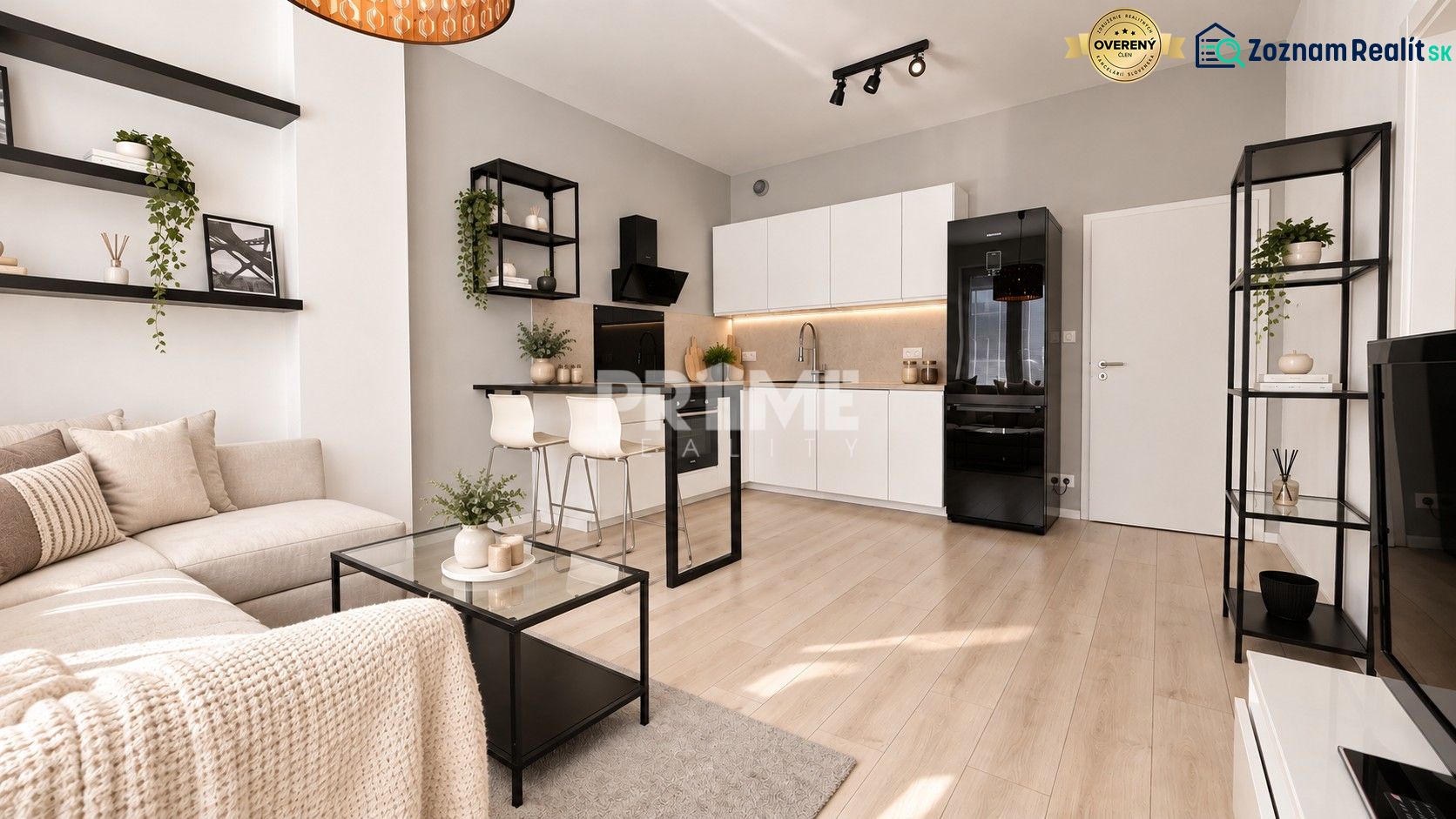 Stylish 1-bedroom apartment with wood-patterned flooring and a modern kitchen.
