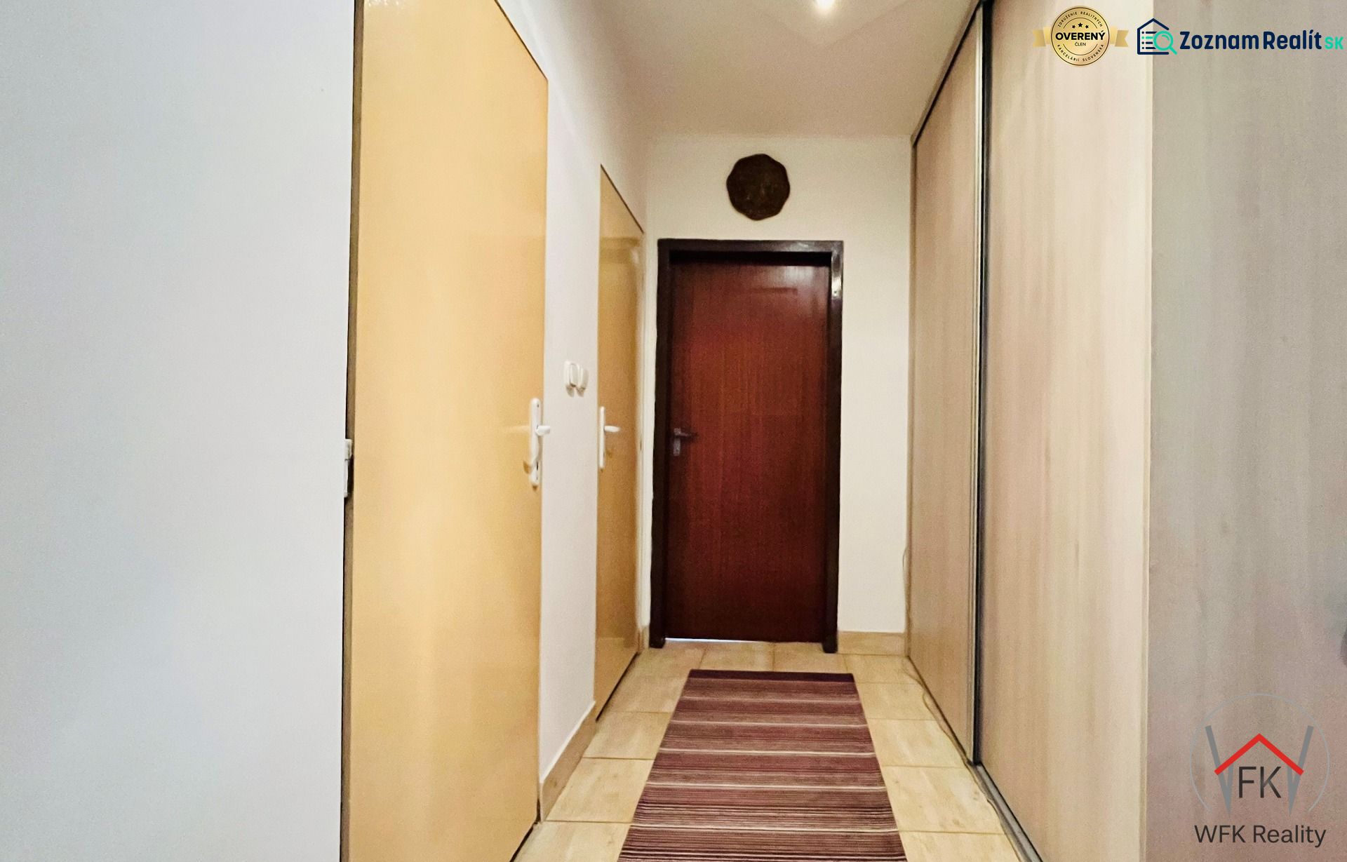 A hallway in a 3-room apartment with storage spaces and a carpet in warm tones.