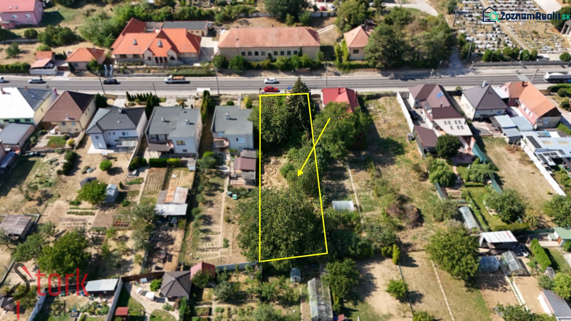 A residential plot on Štefánikova Street in Krušovce with a garden and trees.