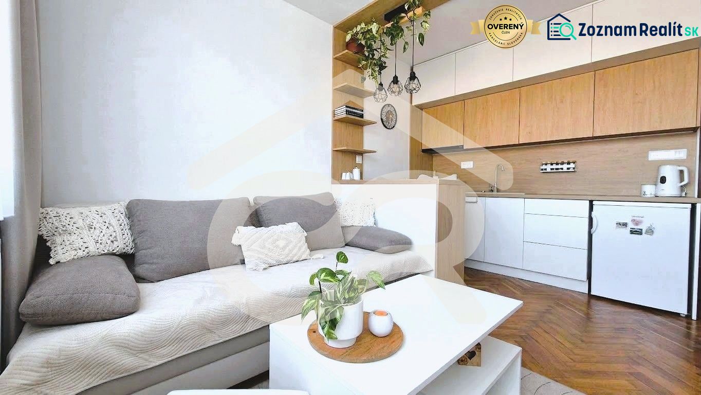 Studio apartment with a kitchen, sofa, shelves, and a wooden decor floor.
