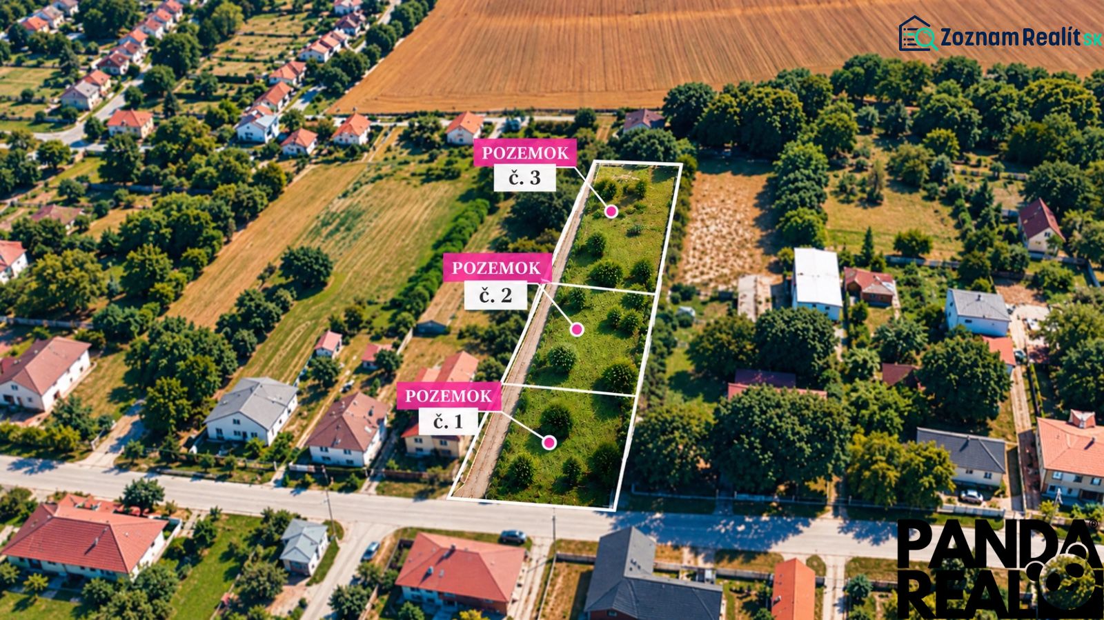 Aerial view of building plots in Čermany suitable for residential living.