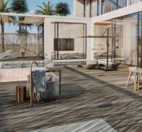 A terrace with a pool and furniture during the construction of houses.