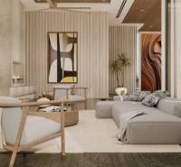 Living room with modern furniture, light wall, and wooden floor, House construction.