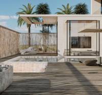 A wooden terrace with a pool and palm trees in the background, Home construction.