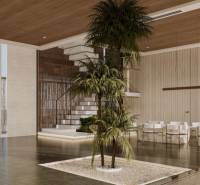 Elegant interior with wooden elements and modern furniture in home construction.