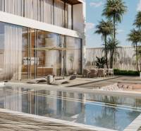 Construction of houses with glass surfaces and a swimming pool.