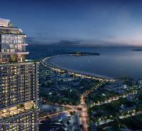 Night panorama of apartment construction in the city of Chon Buri 20150 with a view of the coastline.