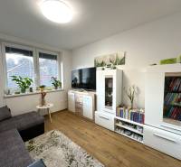 Living room, wooden floor, white furniture, sofa, books, family house, flowers on the windowsill.