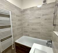 A bathroom in a 2-room apartment with a bathtub, a sink, and a ladder radiator.