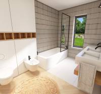 A bathroom in a family house with a bathtub, a sink, and a window overlooking the garden.