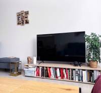 Living room of a two-room apartment with a television, books, and a comfortable chair.
