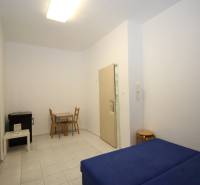 Simple furnishing of a studio apartment with a sofa, table, and chairs.