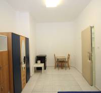 In the 1-room apartment, there is a wardrobe, a table with chairs, and a table on a small table.