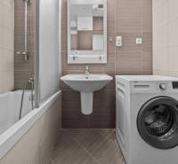 Bathroom with a bathtub, sink, and washing machine in a 2-room apartment.