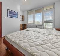 A bedroom in a two-room apartment with a large window, wooden furniture, and doors.