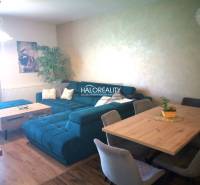 Living area in a 3-room apartment with a blue sofa and a dining table.