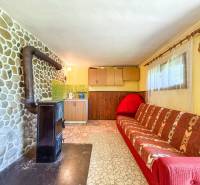 Stone wall, fireplace stove, and comfortable couch in a 3-room apartment.
