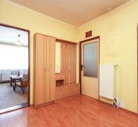 The hallway of a 3-room apartment with wooden furniture and a bold yellow wall.