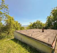 The garden on Cementárska Street in Horné Srnie with grass and trees, next to the roof of the building.