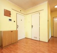 Yellow hallway in a 3-room apartment with a wooden wardrobe and three doors.