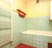 Bathroom in a 3-room apartment with green tiles, a bathtub, and a white ladder radiator.