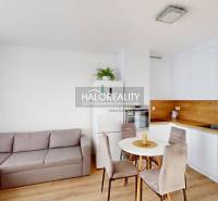 Living room with kitchen in a 2-room apartment, light sofa, round table, white kitchen unit.