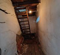 A narrow passage with a ladder and a wooden ceiling in a family house.