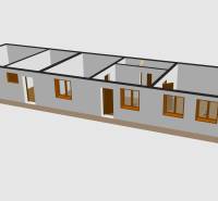 Floor plan of a family house with four rooms, doors, and windows, ready for construction.