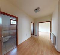 A hallway in a family house with a wooden floor, doors to the bathroom, and another room.