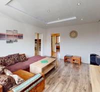 Living room of a 3-room apartment with a sofa, wooden furniture, and paintings on the wall.