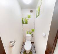 Bathroom in a 3-room apartment with a toilet and floral decor on the wall.