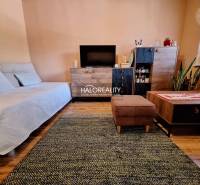 Living room in a two-room apartment with a sofa, table, and television.