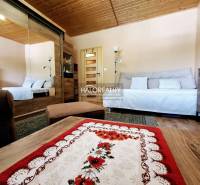 Living room in a two-room apartment with a wooden ceiling and a mirrored wardrobe.