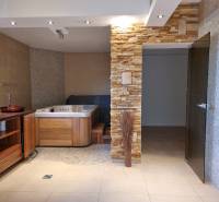 A bathroom in a family house with a hot tub, wooden furniture, and stone cladding.