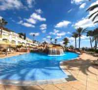 A pool with a waterfall surrounded by palm trees and loungers in a holiday apartment in Calpe.