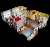 Floor plan of a 3-room apartment with furniture and rooms displayed in a three-dimensional format.