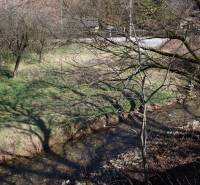 Trees and a stream in nature on Myslavská and Záhrady streets, the scenery feels quiet.