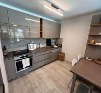 A kitchen in a 2-room apartment with modern grey cabinets and a countertop.