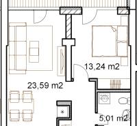 Floor plan of a 2-room apartment with a terrace, with dimensions of individual rooms marked.