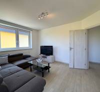 Living room of a three-room apartment with a sofa, table, and television.