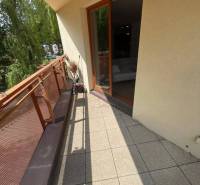 A balcony with tiles in a 3-room apartment with a view of the trees.