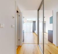 Hallway of a 2-room apartment with a built-in wardrobe, parquet flooring, and a well-lit room.