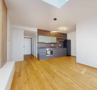 Interior of a 2-room apartment with a kitchen unit and built-in wardrobe, wooden floor.